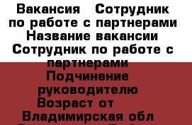 Вакансия : Сотрудник по работе с партнерами › Название вакансии ­ Сотрудник по работе с партнерами › Подчинение ­ руководителю › Возраст от ­ 17 - Владимирская обл., Владимир г. Работа » Вакансии   